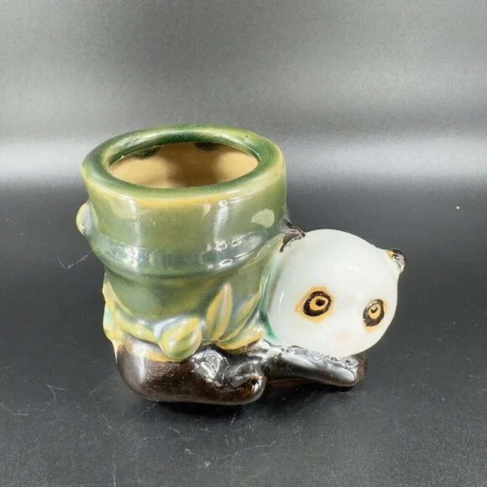 Vintage Majolica Style Ceramic Panda Bear With Bamboo Planter Small Vase Pottery